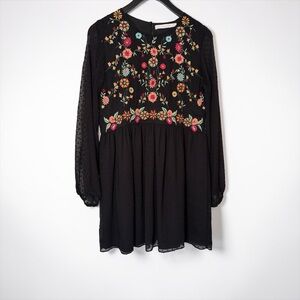 ZARA BLACK BOHO EMBROIDERED MINI DRESS – SIZE MEDIUM
